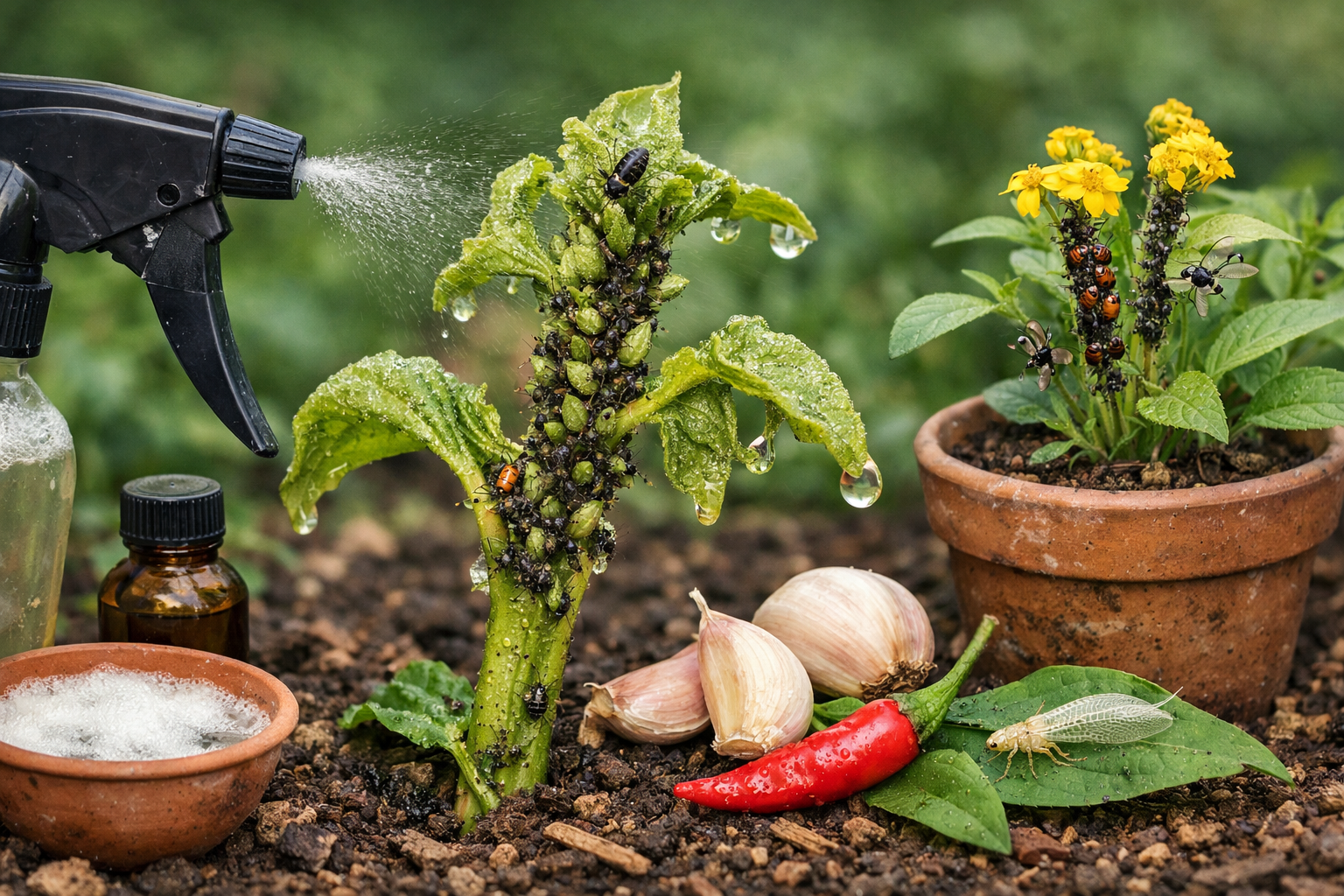 Como acabar com pulgão nas plantas mostrando infestação em brotos verdes e aplicação de solução natural em jardim doméstico.