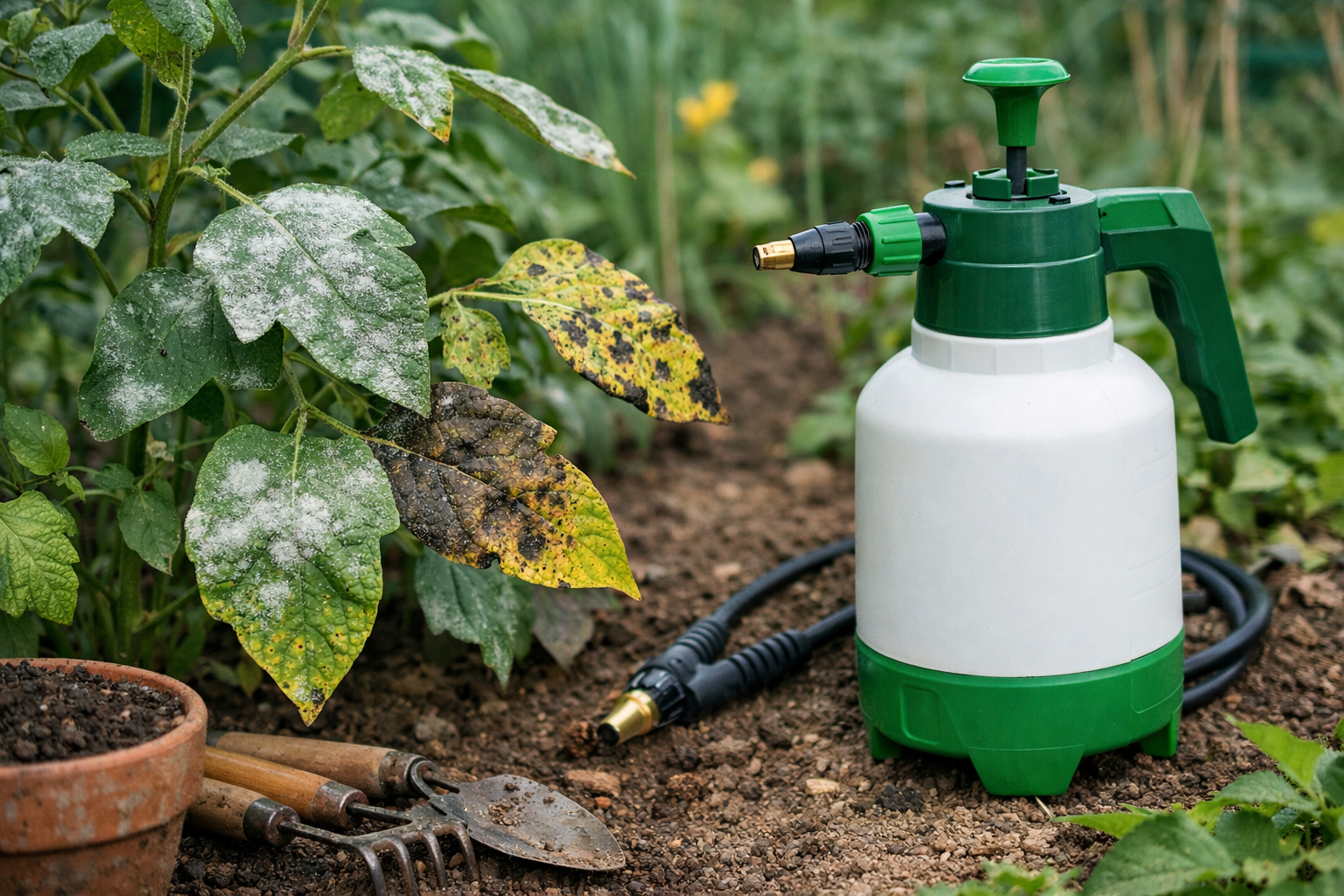 Como combater fungos nas plantas com aplicação de fungicida em folhas com oídio e manchas fúngicas em jardim natural.