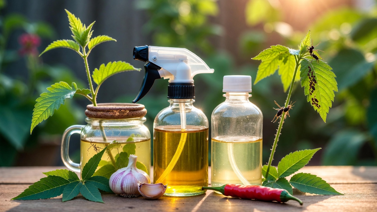 Inseticida natural para plantas com óleo de neem, alho e solução caseira em frascos pulverizadores sobre mesa de jardim iluminada naturalmente.