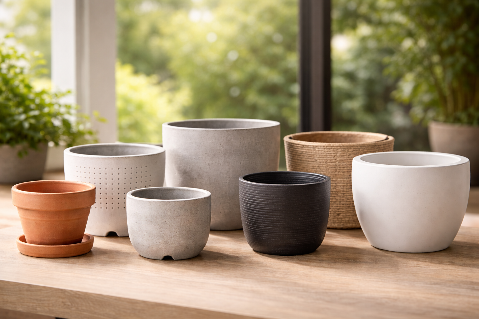 Melhor vaso para plantas com modelos de diferentes tamanhos e materiais como barro, cerâmica, cimento e plástico em ambiente iluminado naturalmente.