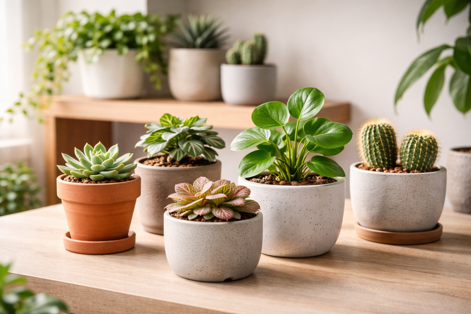 Vasos para plantas pequenas de barro, cerâmica e cimento com suculentas e cactos em ambiente interno iluminado naturalmente.